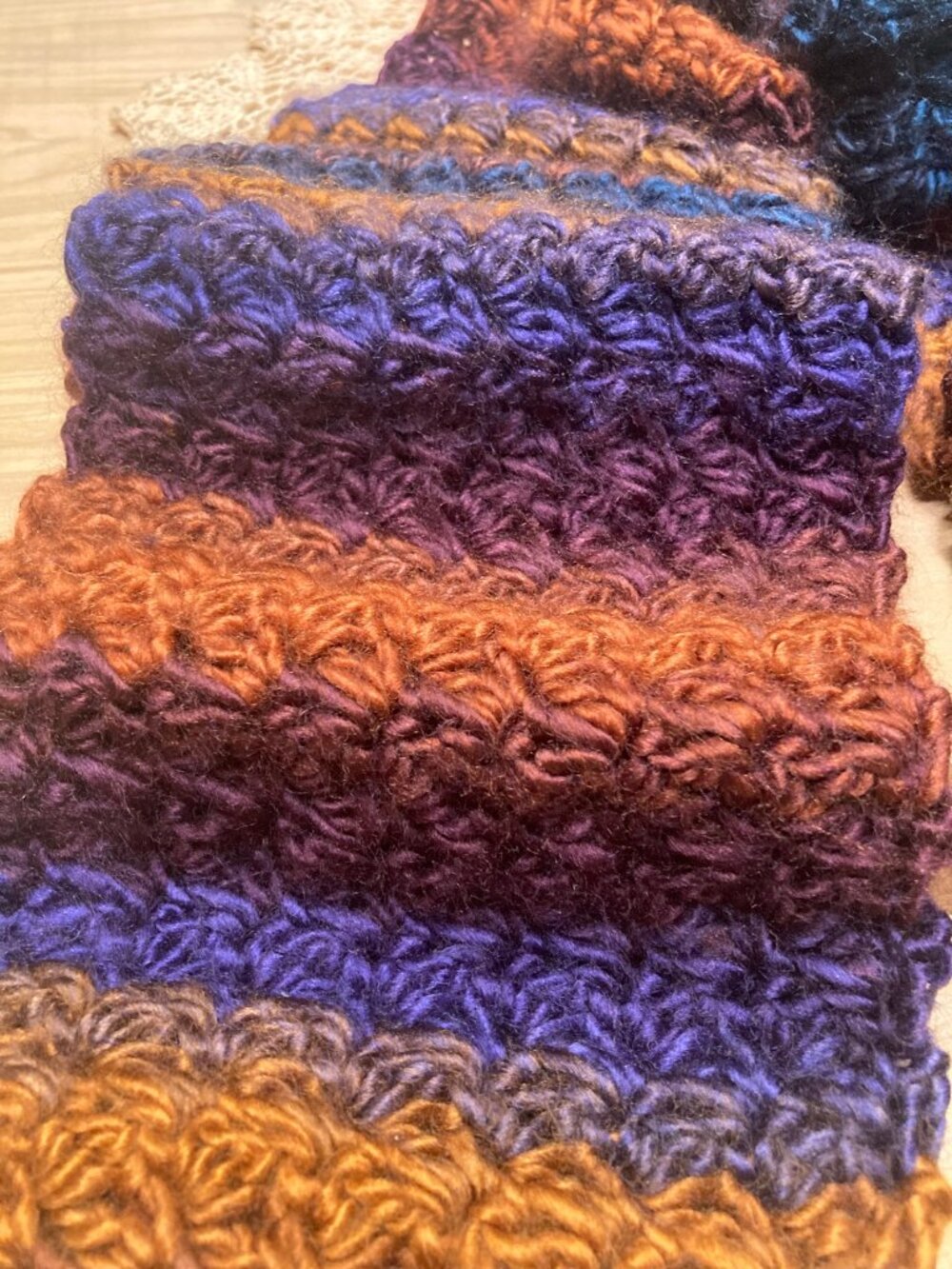 Handmade Crochet Scarf Jewel Tone Purple Rust Blue Soft Winter Knit Wrap - Picture 2 of 3